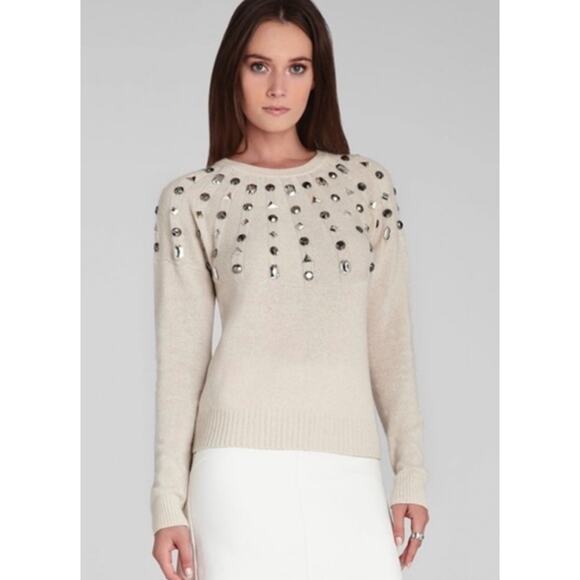 BCBGMaxAzria Runway Miri Beaded Cashmere Blend Pullover French Cream Size Medium - Picture 1 of 11